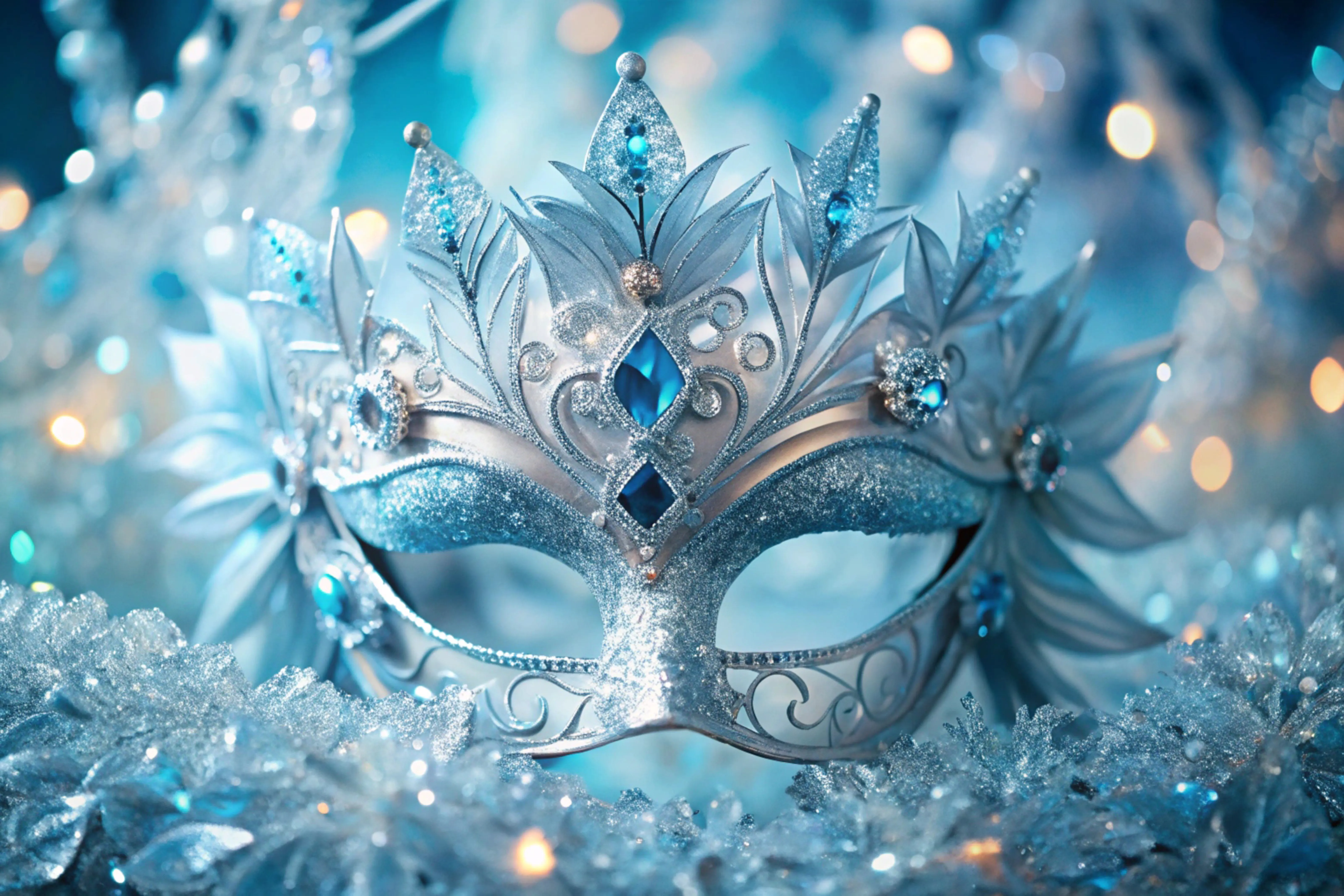 A silver and ice blue masquerade mask on frost